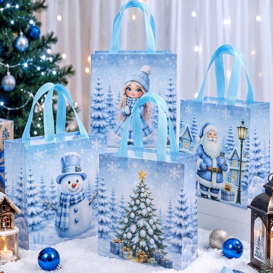 66/54pcs Reusable Non-Woven Fabric Tote Bags Christmas Theme - Snowman, Snow Lady & Christmas Tree Patterns With Sturdy Paperless Handles, Suitable For Christmas Party Decoration, Travel, Storage Gift Packaging (Blue) - View 1