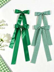 4Pcs Long Ribbon Hair Bow Clips For Women Satin & Plaid Gingham Bow Barrettes With Streamers Coquette Hair Accessories Hair Accessories Cutecore Fall - Multicolor - View 3