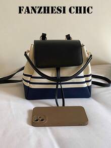 Handbag, Minimalist Striped Drawstring Bucket Backpack, Supports Hand-Carry And Shoulder-Carry, Flap + Drawstring Combination Design Balances Aesthetics And Practicality, Sleek And Compact Without Being Bulky, Fresh And Healing Color Palette Suitable For Spring And Summer Outfits, Versatile Casual Small Bag Perfect For School And Travel - Black - View 3