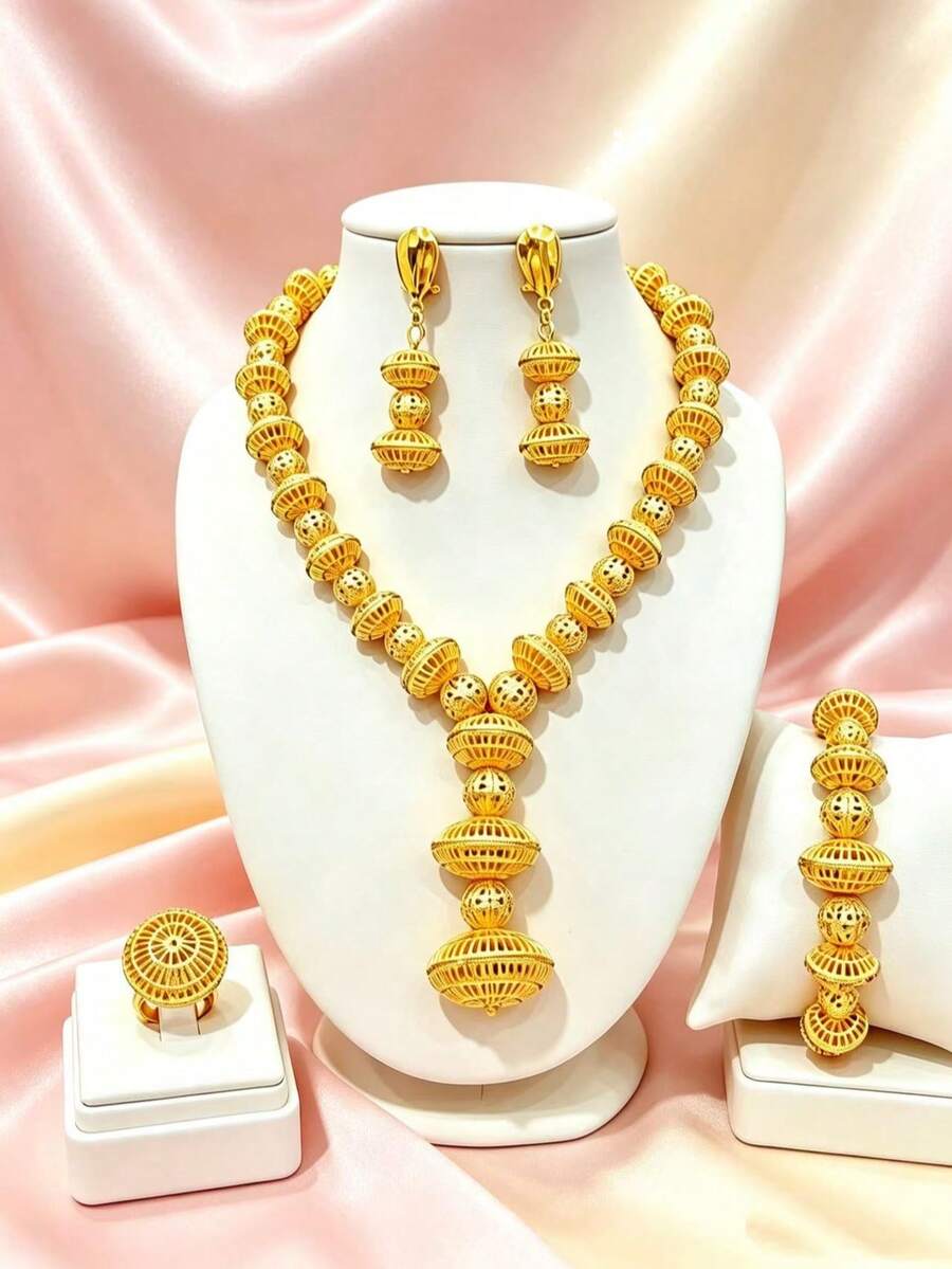 1 Set Fashionable Women's Gold Ball Pendant Necklace Jewelry Set Necklace Earrings Bracelet Ring Middle East Dubai USA Africa Bride Wedding Banquet Dress Accessories Christmas Valentine's Day Holiday Gift Daily Wear