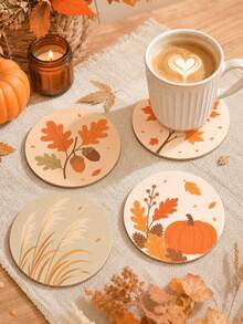 1/4/8pcs Minimalist Autumn Plant Wooden Coaster Set, Maple Leaf Acorn Pumpkin Reed Round Drink Coasters, Heat-Resistant Tabletop Protector, Autumn Home Kitchen Decor, Thanksgiving Tabletop Decoration And Housewarming Gift - Autumn Plants - View 1