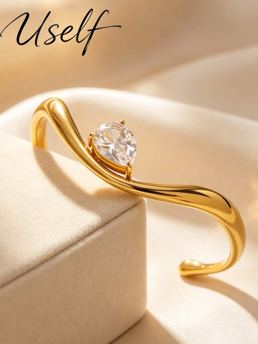 Uself 1pc Luxury Water Drop 18K Gold Plated Stainless Steel Open Bangle, Minimalist Wave Curve Zirconia Statement Waterproof Jewelry, Suitable For Daily Wear, Date Night And Party, Gift For Her - Multicolor - View 1