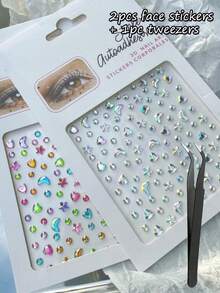 2Pcs 3D Iridescent Colorful Crystal Diamond Face Rhinestone Stickers Multi-Shape Star Moon Face Jewels, Self‑Adhesive Glitter Eye Face Body Decor Stickers For Rave Music Festival Party - Multicolor - View 11