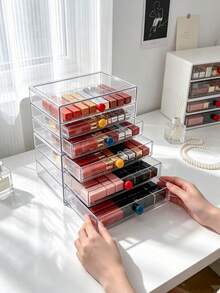 1pc Macaron Colorful Ball-Shaped Handle Cosmetic Storage Box, Multi-Layer Drawer Dust-Proof Lipstick & Lip Gloss Organizer, High Transparency Visible Desktop Organizer, Vanity Dorm Beauty Lip Balm Storage Display Box - Multicolor - View 5