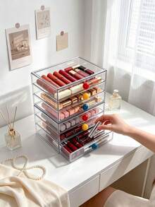 1pc Macaron Colorful Ball-Shaped Handle Cosmetic Storage Box, Multi-Layer Drawer Dust-Proof Lipstick & Lip Gloss Organizer, High Transparency Visible Desktop Organizer, Vanity Dorm Beauty Lip Balm Storage Display Box - Multicolor - View 1