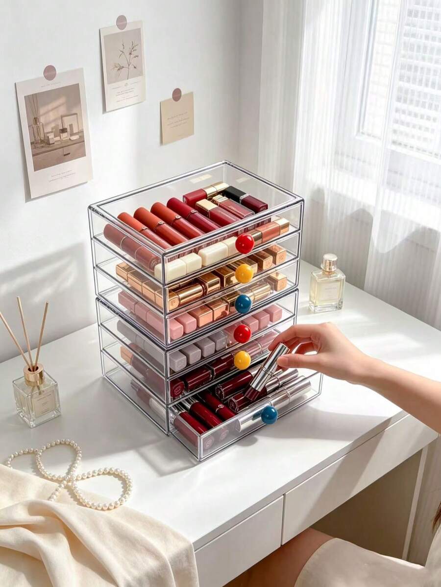 1pc Macaron Colorful Ball-Shaped Handle Cosmetic Storage Box, Multi-Layer Drawer Dust-Proof Lipstick & Lip Gloss Organizer, High Transparency Visible Desktop Organizer, Vanity Dorm Beauty Lip Balm Storage Display Box - Multicolor - View 1