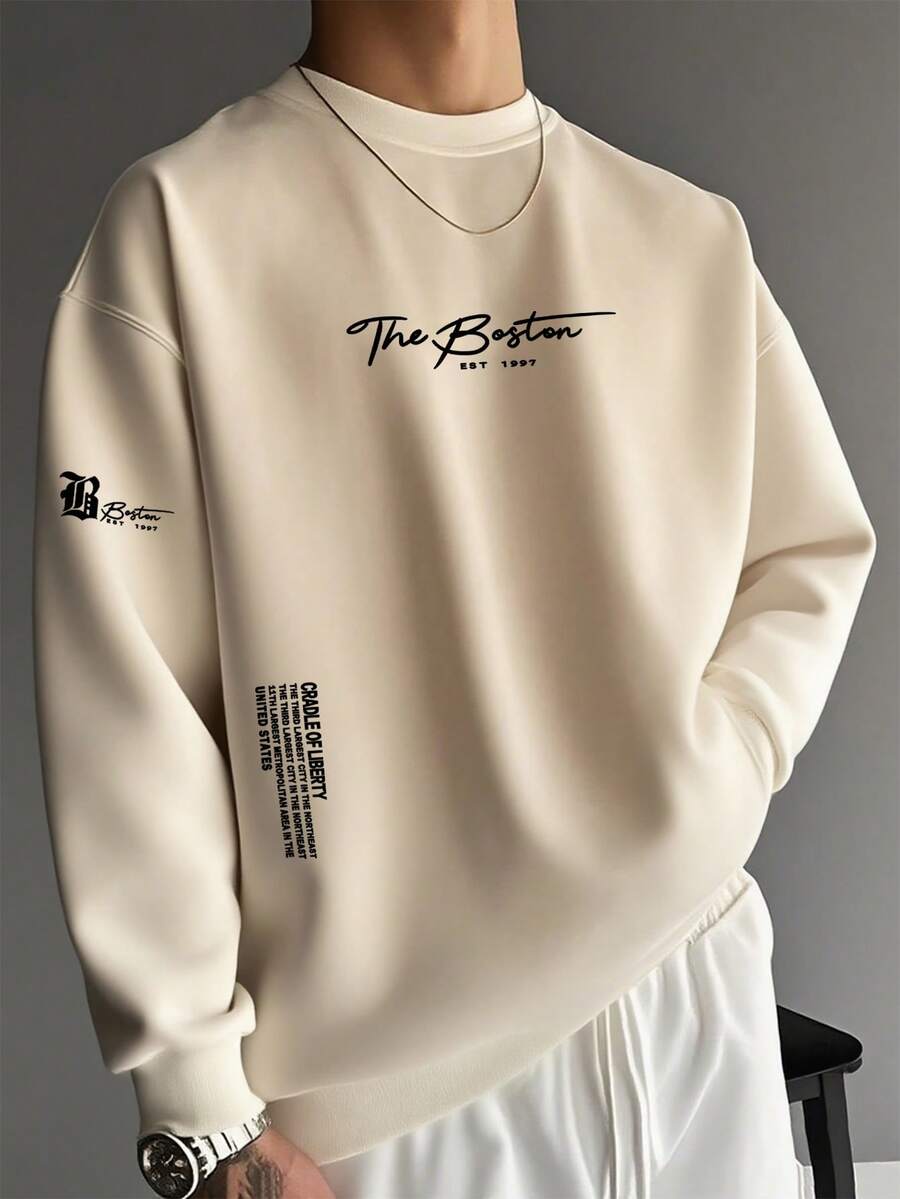 Men's Casual Printed Crew Neck Pullover Sweatshirt, Street Fashion, Spring/Autumn, Long Sleeve Top - Apricot - View 1