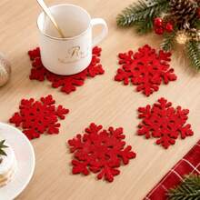 1/4/8/12pcs Christmas Red Snowflake Felt Coasters, Hollow Snowflake Coasters, Holiday Tabletop Decor Coasters, Christmas Decoration, Christmas Tableware, Holiday Christmas Tabletop Decor, Suitable For Home And Tabletop Arrangement - Multicolor - View 6