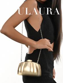 OpulAura 歐美時尚復古貝殼造型休閒紋理金屬色方盒手拿包，不對稱設計，磁吸開合，適合派對、婚禮、舞會、晚宴、女性生日派對及舞蹈聚會 - 金色 - 查看 3