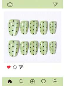 30片Y2K短橢圓貓眼穿戴甲，草綠色波點圖案壓克力假指甲套組，含1片果凍膠與1片指甲锉 - 彩色 - 查看 3