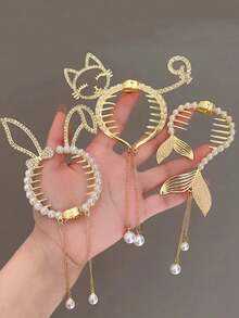 1pc Faux Pearl Tassel Hair Clip Alloy Rhinestone Cat Rabbit Hair Buckle Cute Sweet Tassel Round Ring Women's Hair Accessory Princess Style Decorative Headpiece Daily Accessory - Multicolor - View 4