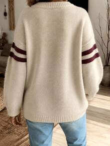2026 Autumn/Winter New Women's Ribbed Knit Star Pattern Long Sleeve Pullover Sweater, Casual Knit Top - Khaki - View 3