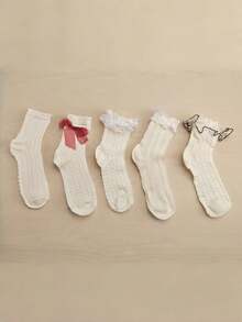 1/5 Pairs All-Season Bow Lace Trim Sweet Versatile Comfortable Mid-Calf Socks - Multicolor - View 10