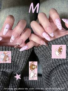 10pcs French Polka Dot Lace Sweet Rabbit Applique False Nails, Pink Brown Bow Cute Cartoon Style, Suitable For Wedding, Date, Party And Daily Wear, Each Piece Comes With 4pcs Tool Set: Jelly Glue, Nail File, Wooden Cuticle Pusher, Alcohol Cotton Pad - Hot Pink - View 5