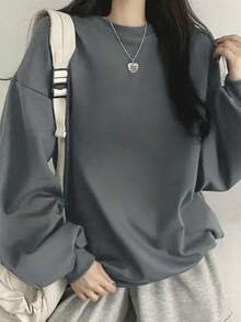 Women's Minimalist Black & Gray Versatile Loose Casual Comfortable Home Daily Commute Crew Neck Long Sleeve Sweatshirt Fall - Dark Gray - View 3