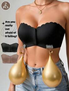 2pcs Women's Strapless Bandeau Bra, Black/Nude, Seamless Ice Silk Wireless Invisible Comfortable Bandeau Bra, Suitable For Daily, Party, Wedding - Multicolor - View 2