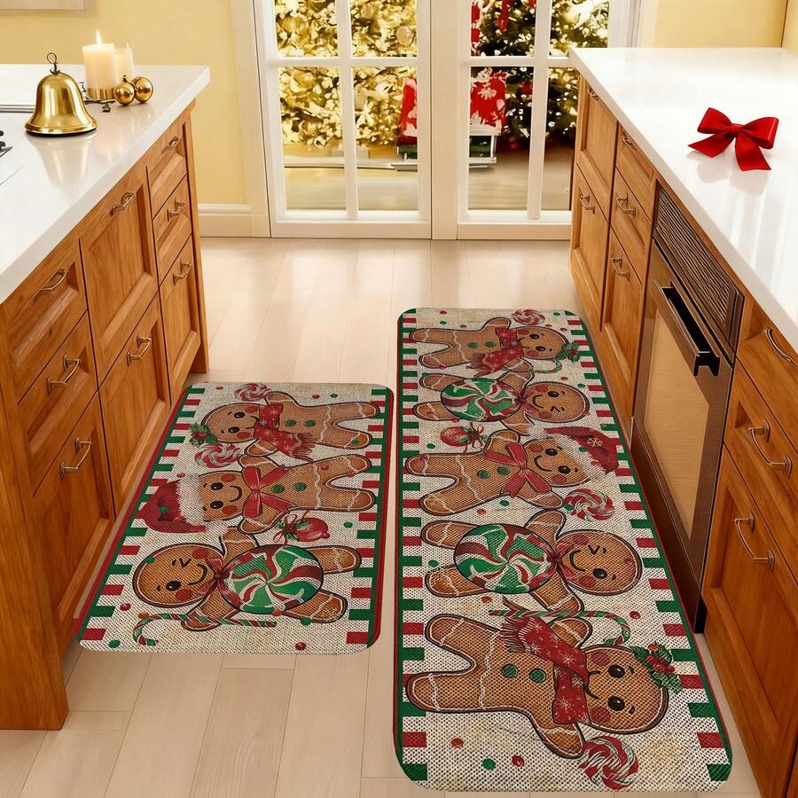 1/2/3pcs Christmas Theme Kitchen Rug, Flannel Kitchen Rug, Comfortable Soft Absorbent Non-Slip Machine Washable With Backing, Suitable For Multiple Scenes: Entrance, Living Room, Bedroom, Kitchen, Dining Room, Bathroom, Laundry Room, Hallway, Christmas Holiday Decoration Home Floor Mat Multifunctional - Multicolor - View 1