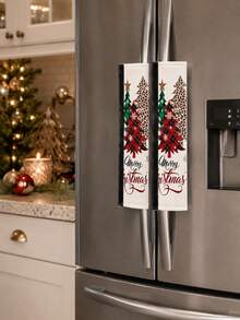 2pcs Christmas Refrigerator Handle Covers, Merry Christmas Letter & Leopard Print Plaid Christmas Tree Pattern Fridge Door Handle Covers, Christmas Kitchen Cabinet Microwave Handle Protectors, Christmas Home Kitchen Decor - Multicolor - View 2