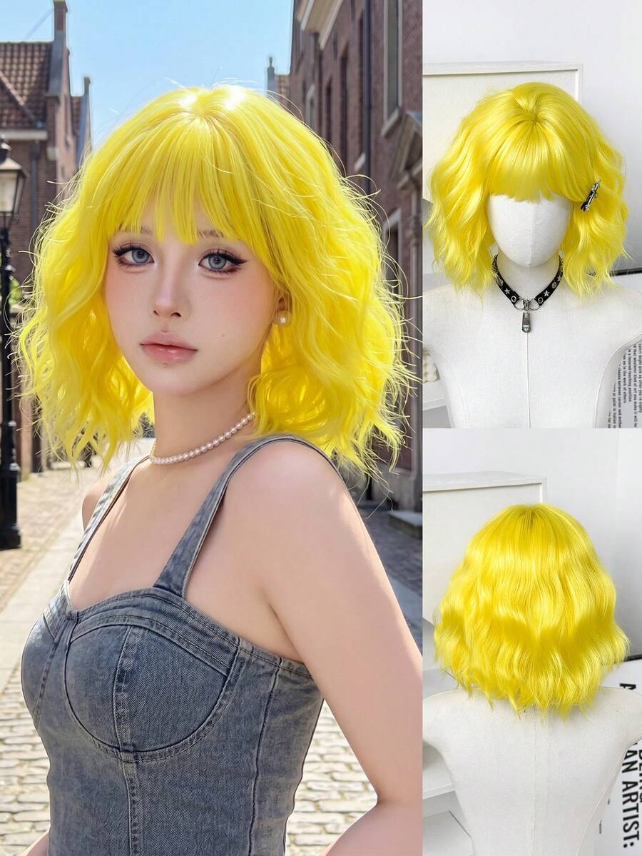 Wig Bob Pendek Keriting Kuning 12 Inci untuk Wanita, Wig Serat Sintetis Lembut, Halus, Tahan Panas, Cocok untuk Penggunaan Sehari-hari atau Sekolah, Sempurna untuk Liburan, Festival Musik, Perayaan, Perayaan Sakura, Hadiah Wisuda & Hadiah Aksesori Wig untuk Teman - MultiWarna - View 1