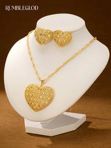 3pcs Luxury Exquisite Shiny Small Heart Necklace & Earrings Set, 18K Gold Plated, Suitable For Women, Girls, Wedding, Party, Daily Wear - Gold - View 1