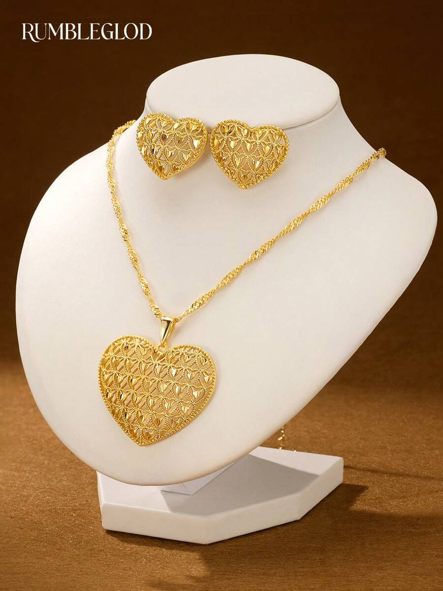 3pcs Luxury Exquisite Shiny Small Heart Necklace & Earrings Set, 18K Gold Plated, Suitable For Women, Girls, Wedding, Party, Daily Wear - Gold - View 1
