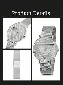 Guess Jam Tangan Quartz Fashion Berkilau untuk Wanita, Casing Bulat Perak, Dial Berlian Imitasi dengan Penanda Jam, Logo Segitiga, Tali Jala Logam, Jam Tangan Fashion Berkilau untuk Acara Malam Hari - Perak - View 5