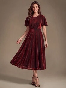 EVERPRETTY 優雅女款酒紅色晚宴婚禮賓客中長洋裝，金屬線閃亮百褶腰 A 字裙，新娘母親禮服 - 酒紅色 - 查看 1