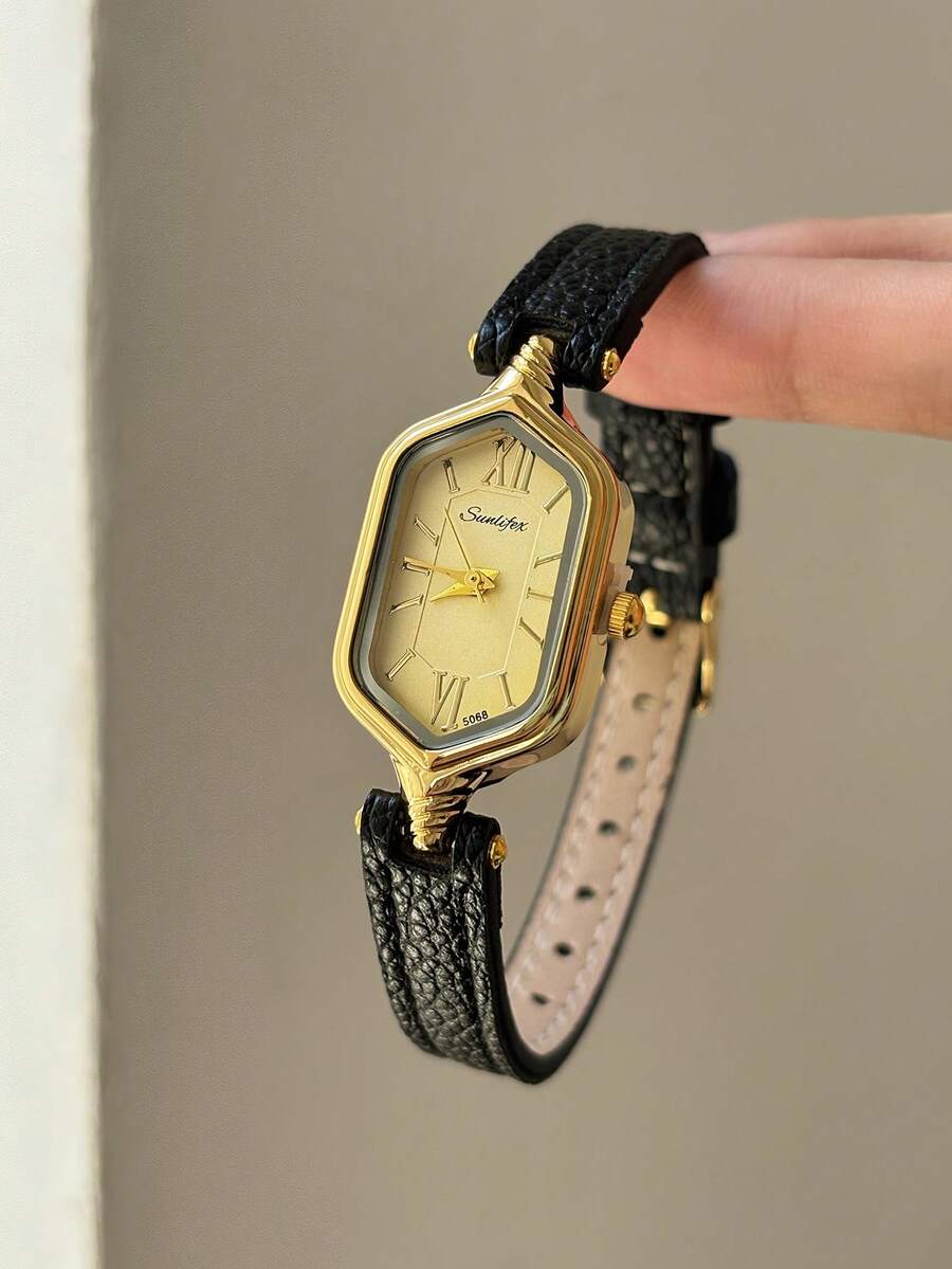 Gold Dial Black Adjustable PU Strap Women's Quartz Watch, Minimalist Design, Mixed Markers, Classic Style, Suitable For Daily Wear - Black - View 1