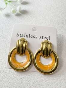 1pc/Fashion Old Money Style Stainless Steel Enamel Door Ring Pendant Earrings Suitable For Women Daily Commute, Light Business Wear Jewelry Gift - 33794-ear-go - View 6