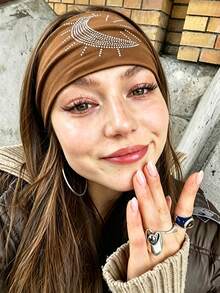DUOJIAOYAN 1pc New Solid Color Wide Band Heavy Rhinestone Sun & Moon Print Elastic Breathable Sports Headband For Daily Workout Fitness Styling - Multicolor - View 6