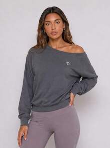 Never me Women's One-Shoulder Cold Shoulder Sports Sweatshirt, Loose Fit Long Sleeve Pullover, Casual Daily Workout Top For Autumn/Winter - Dark Grey - View 5