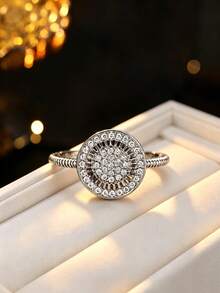 1pc Elegant Court Style Round Disc Zirconia Inlaid Ring, Textured Spiral Band, Exquisite Atmosphere Accessory, Dating & Banquet Elegant Outfit Piece - Ring - View 22