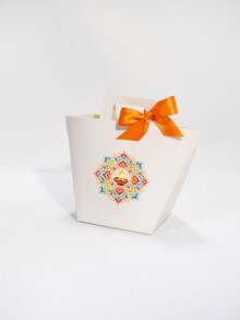 12pcs Diwali Gift Bags With Built-In Handles And Satin Ribbon Bows, Colorful Diya Lamp Mandala Print, White Foldable Paper Packaging For Jewelry, Mini Presents, Festival Favors, Family Gatherings And Guest Giveaways - 12.5X9.5X8cm - View 10