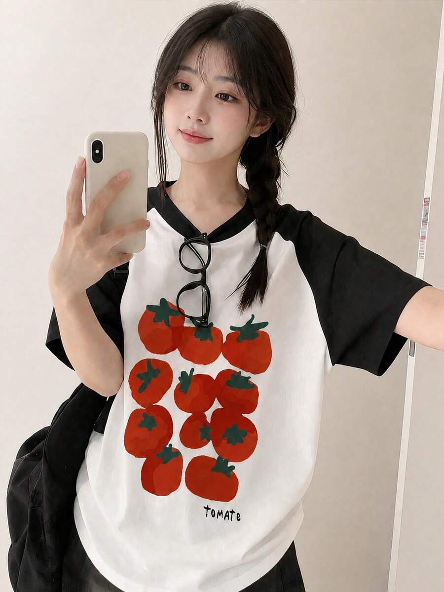 Women's Casual Contrast Color Round Neck Cartoon Letter & Tomato/Fruit Print Short Sleeve T-Shirt, Spring/Summer - Black and White - View 1