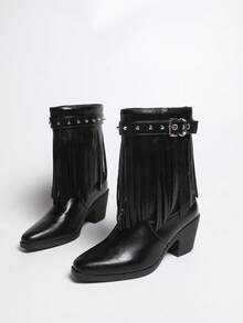 Women's Ankle Boots And Ankle Boots PU Leather Winter New Studded Pointed Toe Mid-Heel Riding Boots Plus Size Chunky Heel British Style V-Cut Retro Tassel Boots - Black - View 10