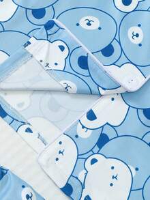 Big Girls Cute Bear All-Over Print Lapel Button Long Sleeve Top + Pants 2-Piece Pajama Set, Soft And Comfortable Loungewear, Suitable For 8-12 Years Old - Blue - View 7