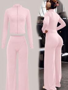 2 Pieces Sportswear Set, Includes Stand Collar Zipper Long Sleeve Top And Wide Leg Pants, Suitable For Spring And Autumn - Pink - View 3