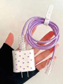 1pc Small Heart Transparent Charger Protective Case, Anti-Drop Anti-Break Anti-Oxidation Anti-Dirt Anti-Scratch, Gentle Style Charger Protective Case, Compatible With Apple 18W/20W Fast Charging Heads All Models, Niche Gentle Gift For Girlfriend - Purple - View 2