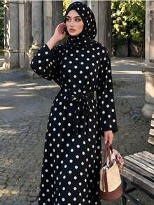 Polka Dot Long Dress With Flared Sleeves And Waist Tie Abaya, Suitable For Daily Wear - Multicolor - View 5
