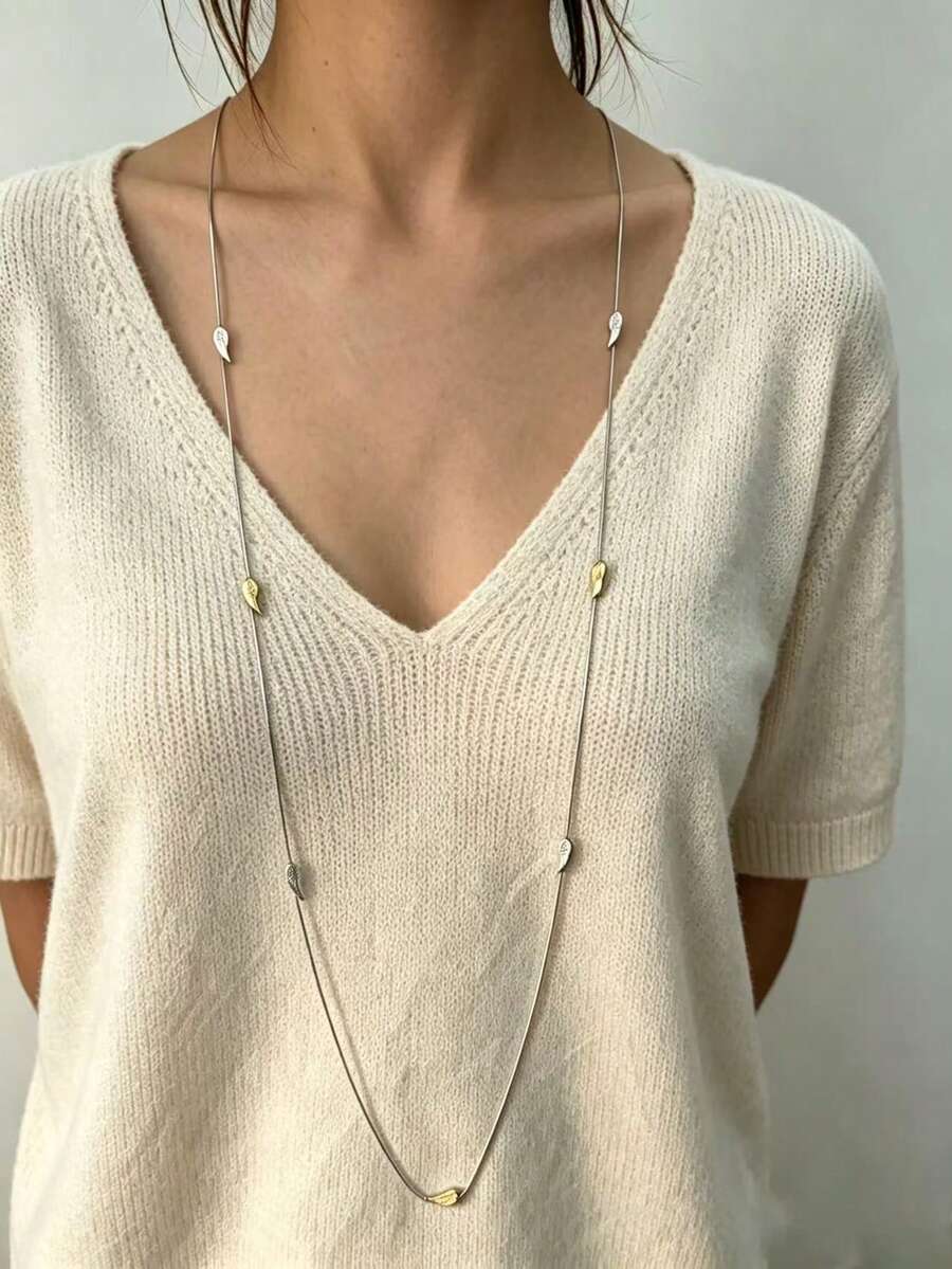 1pc Long Dual-Tone Spaced Wing Pendant Necklace, Minimalist Silver Snake Chain, Elegant Women's Layering Jewelry Gift - Wings - View 1