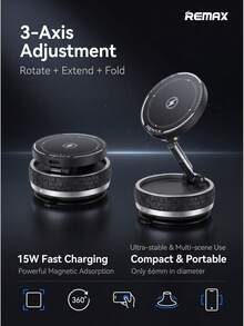 REMAX -C51i Rotating Magnetic Wireless Charging Car Mount: 15W High-Power Fast Charging + 360° Free Rotation + Strong Magnetic Stable Adhesion, Intelligent Fast Charging Recognition, Zinc Alloy Hinge, Car Navigation - Black - View 8