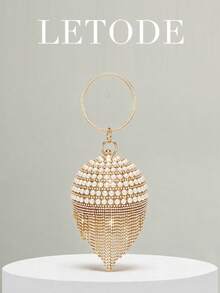 Mini Rhinestone Tassel Sphere Handbag Evening Clutch - Gold - View 12