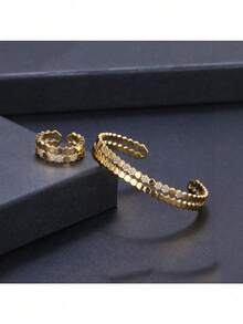 4pcs/Set Perhiasan Emas Bentuk Segi Enam Sarang Lebah dengan Inlay Zirkonia Kubik untuk Wanita, Terdiri dari Anting, Gelang, Cincin, dan Kalung, Cocok untuk Pesta. - Emas - View 4