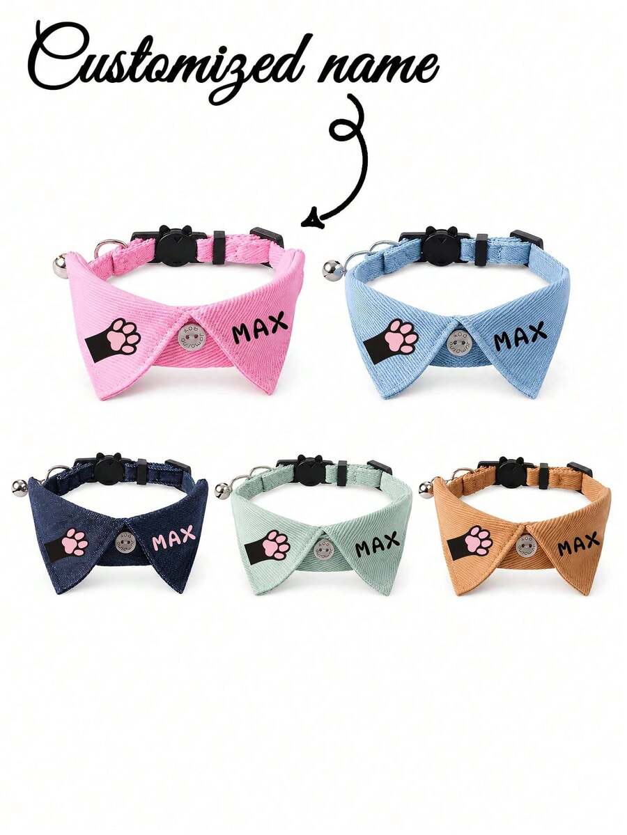 Personalized Cat Collar With Custom Name & Paw Print - Suitable For Daily Wear, Photo Props, Bell & Buckle, Lightweight Comfortable Bow Tie For Tags, Name Plates, For & Outings - Multicolor - View 1
