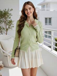 HOMEYEE Women's Soft Contrast Color Wavy Trim Lapel Knit Cardigan, Short Single-Breasted Slimming Petite Versatile Long Sleeve Sweater Jacket - Green - View 5
