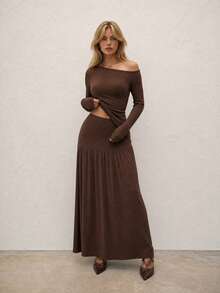 Women Skirt Set Brown Cold Shoulder Long Sleeve Ribbed Knit Cozy Maxi Tiered Y2K Vintage Boho Cottagecore Fall Going Out Concert Daily Festival Boho - Coffee Brown - View 1