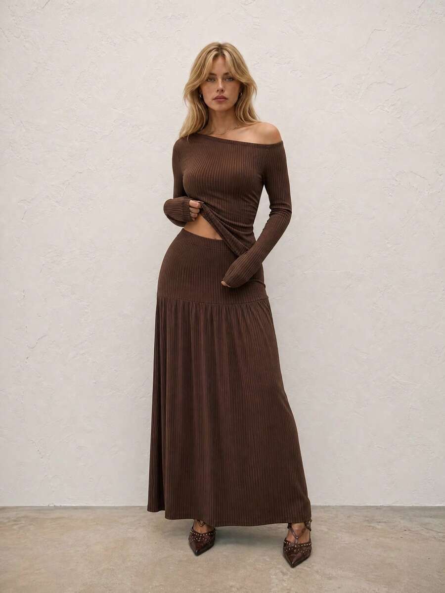 Women Skirt Set Brown Cold Shoulder Long Sleeve Ribbed Knit Cozy Maxi Tiered Y2K Vintage Boho Cottagecore Fall Going Out Concert Daily Festival Boho - Coffee Brown - View 1