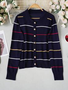 2026 Autumn Navy Blue Striped Polo Collar Knit Cardigan, Single-Breasted Metal Buttons, Slim Fit Short Length, Versatile For Commute And Daily Wear, Can Be Worn Alone Or Layered, Full Of Atmosphere - Navy Blue - View 8