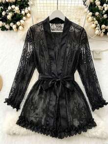 Black Long Sleeve Deep V-Neck Sheer Lace Dress, Women's Pajama Set, French Romantic Luxury High-End Style, Suitable For Dates - Black - View 1