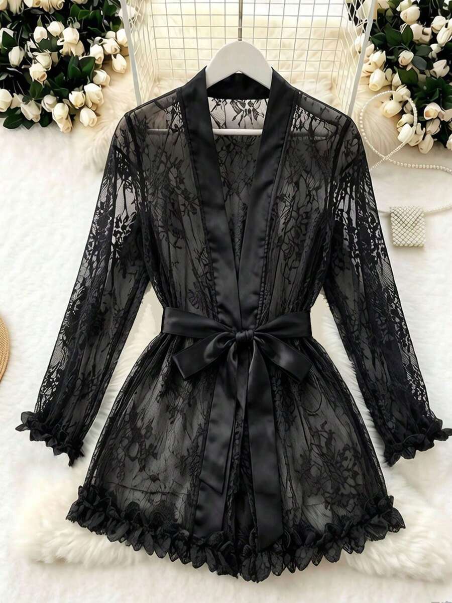 Black Long Sleeve Deep V-Neck Sheer Lace Dress, Women's Pajama Set, French Romantic Luxury High-End Style, Suitable For Dates - Black - View 1